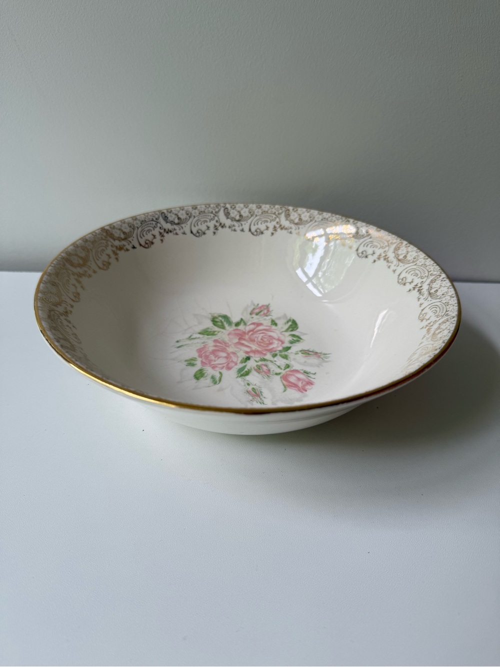 Tudor Pink Rose Floral Serving Bowl with Gold Trim